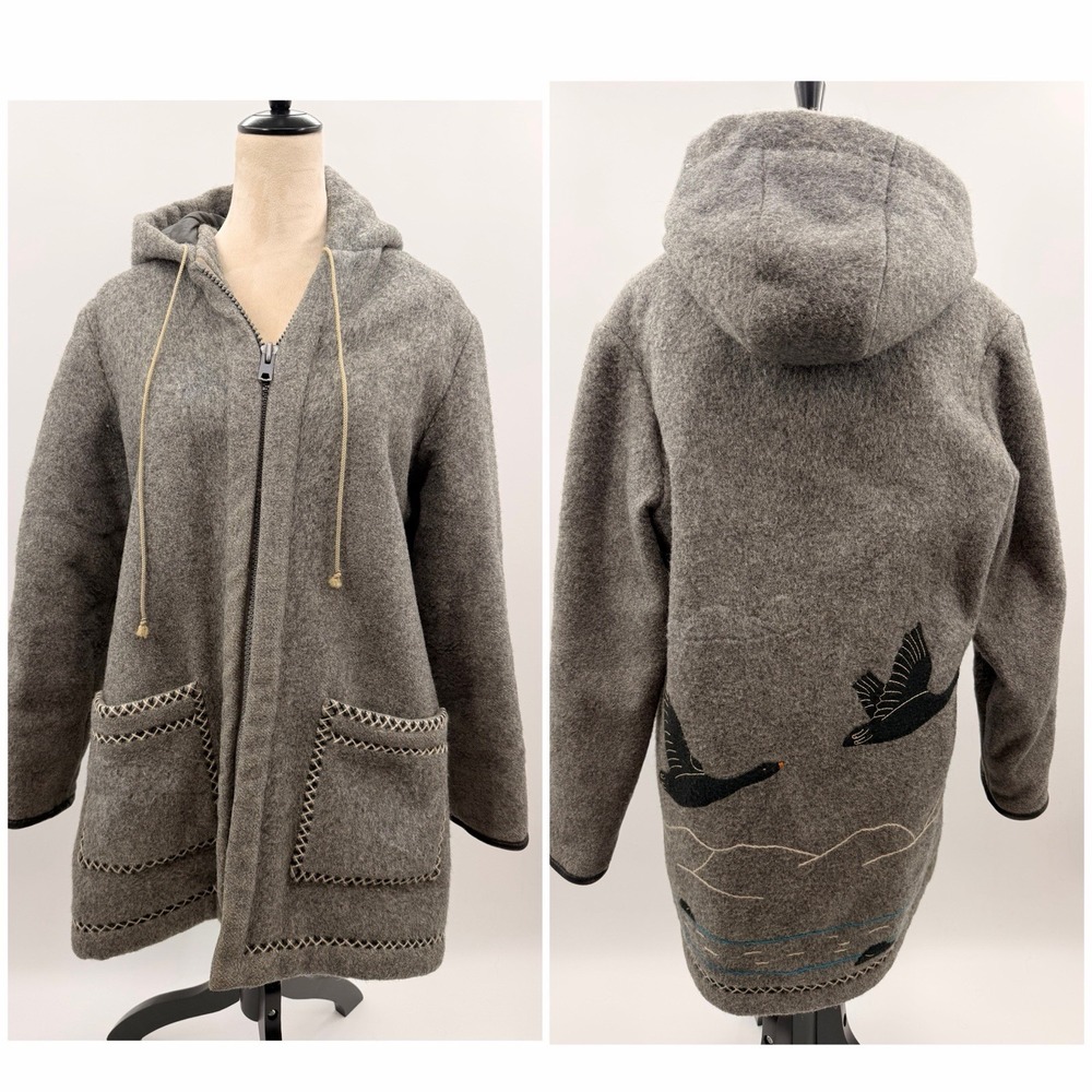 VTG 70s James Bay Flying Geese Made In Canada  Virgin WOOL PARKA Hood Coat‎ L/XL
